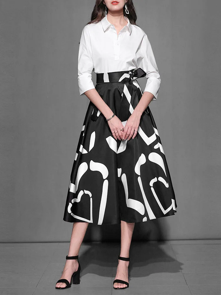 White Lapel Blouse & High Waist A Line Dress (2)