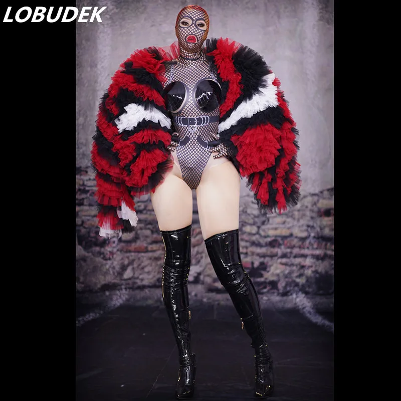 

Nightclub Women DJ Singer Sexy Stage Outfit Elastic Gird Printed Tights Bodysuit Red Cloak Performance Costume Bar Show Clothing