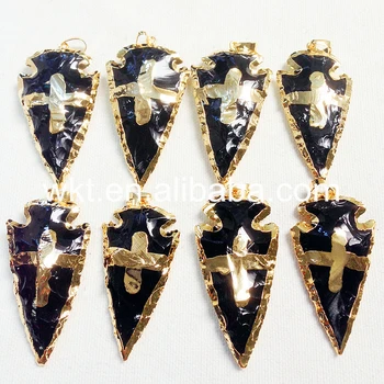 

WT-P806 New models black obsidian pendant charm cross design ,Gold electroplated arrowhead shape black stone pendant for women