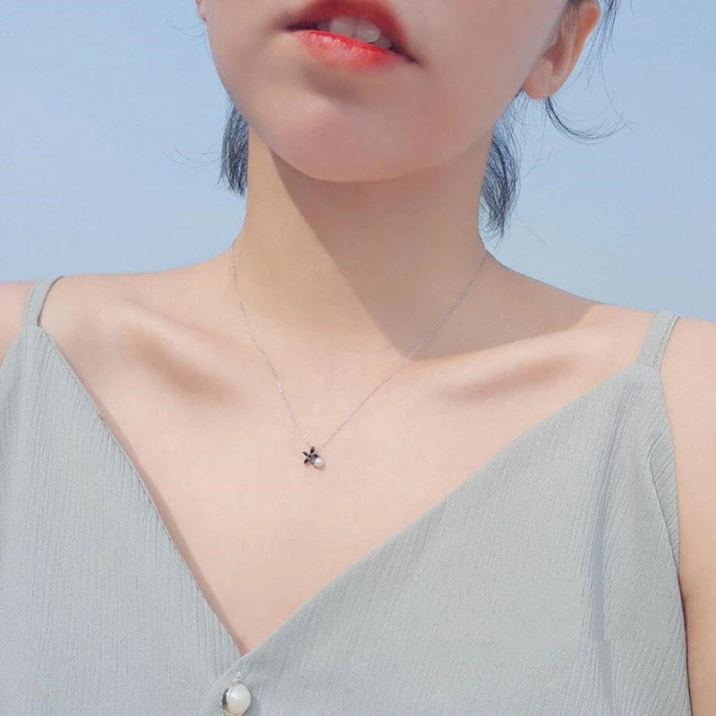 Black Cute Flower Chrysanthemum Pearl 925 Sterling Silver Clavicle Chain Temperament Trendy Female Necklace SNE156