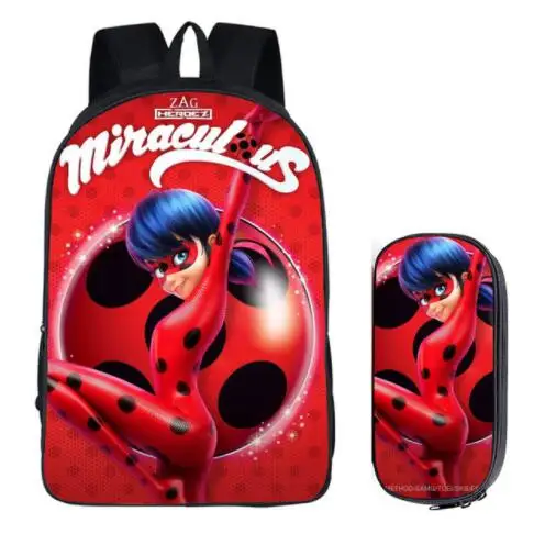 

16 inch Anime School Bag Miraculous Ladybug Marinette School Backpacks Cat Noir Backpack For Children Book Bag Pencil Bag Sets