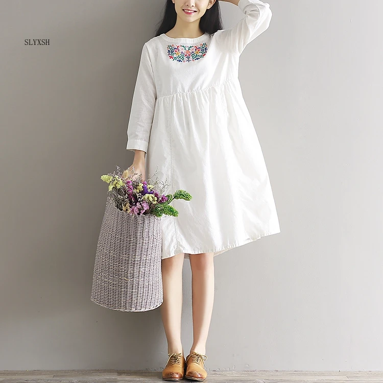 Pregnant Women's Embroidery Fluid Dress Female Autumn and Spring Loose Long-Sleeve Basic White Maternity dress | Мать и ребенок