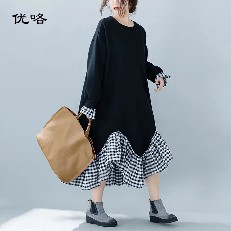 

Women Korea Velvet Sweatshirt Dress Plus Size Patchwork Fake Two Piece Dress Cotton Femme Loose Ruffles Mid-Calf Dresses 2018