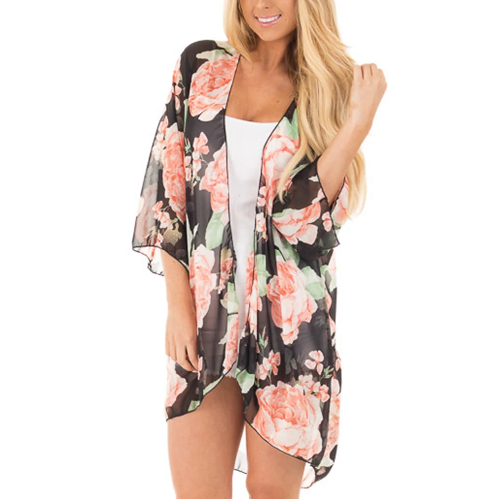 Women Shirt Kimono Boho Cardigan Vintage Floral Print Blouse Loose Shawl Cape Knits Bohemian Coat Jacket Two Color