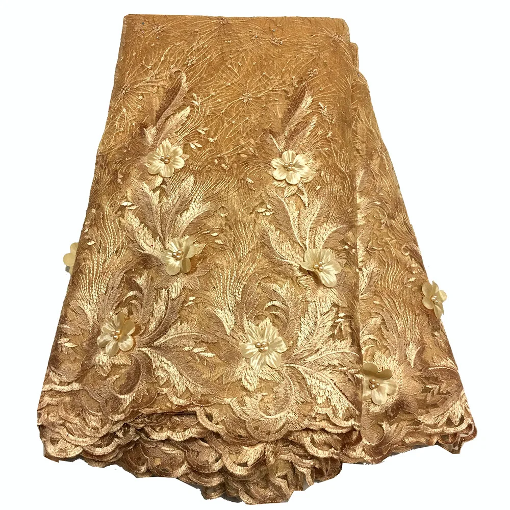 

Latest Gold African lace fabric High Quality 3d Nigeria Lace Fabrics Tulle French Lace Fabric With Beads For African Wedding