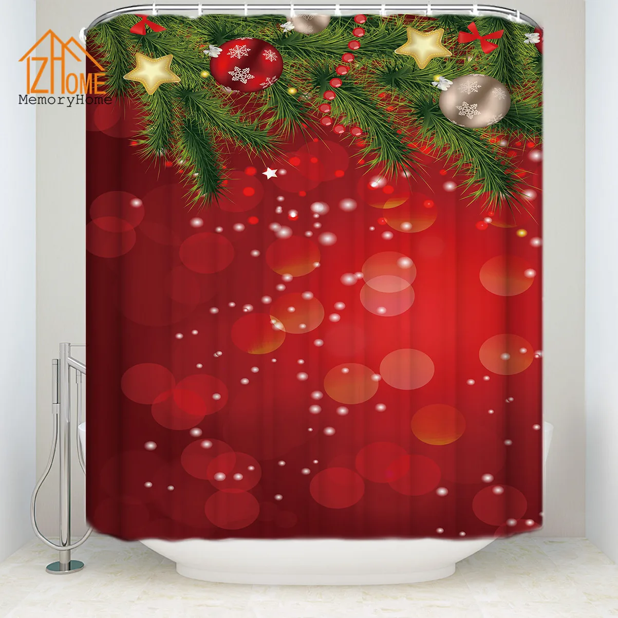 Memory Home Merry Christmas Waterproof Shower Curtain Bathroom Curtains with 12 Hooks Polyester