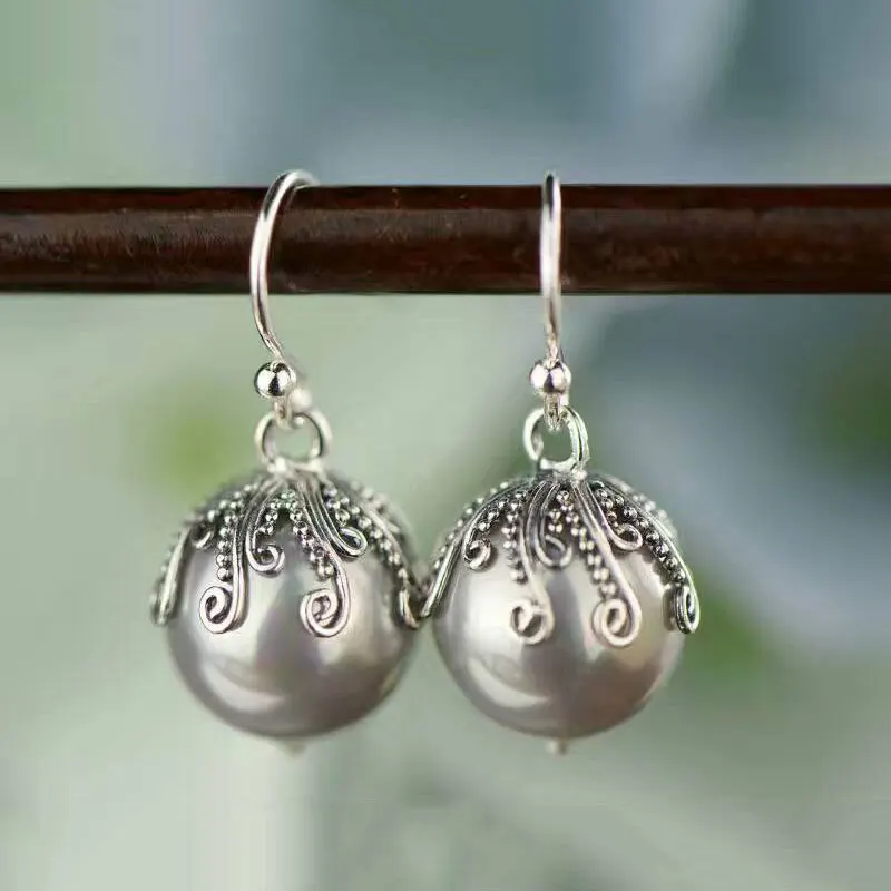 

925 Silver Earring Round Simulated Pearl S925 Sterling Silver boucle d'oreille Long Drop Earrings for Women Jewelry