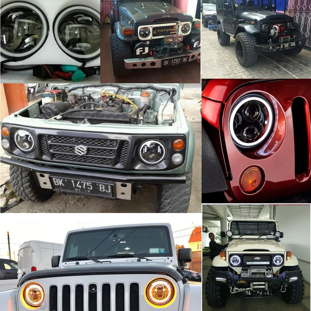 Pair For JK Wrangler 7 Inch Round LED Headlight Halo Angel Eye  DRL LED Projection Lens For Harley Motorcycle LJ Tj FJ Jeep 3