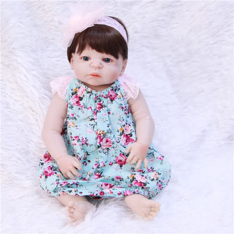 

22'' Exquisite Doll Reborn Silicone Vinyl Bebe Dolls Pretty Girl Doll With Blue flower dress Menina De Silicone Children toys