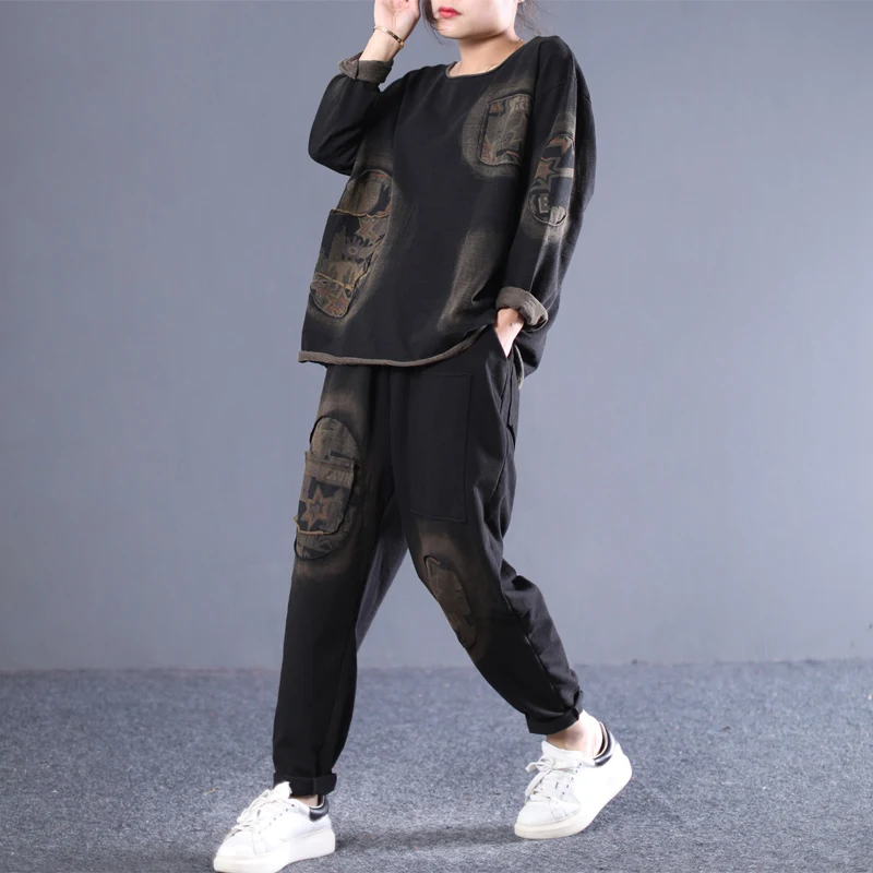 

2019 female new spring and autumn plus size Korean version literary retro do-old plush casual all-match loose sport set