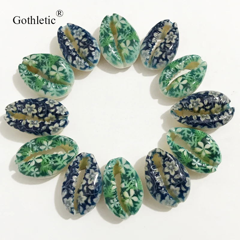 

12 шт./лот, цветочные принты, натуральные бусины Puka Cowrie Sea Shell, бусины россыпью для изготовления ювелирных изделий своими руками, соединители, подвески, оптовая продажа 2019