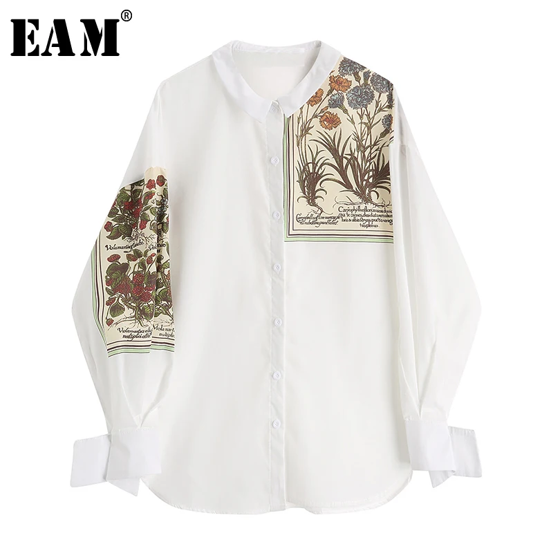  [EAM] 2020 New Autumn Winter Lapel Long Sleeve Print Pattern Single Breasted Irregular Shirt Women 