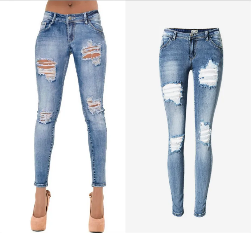 

Hot!! Low Waist Blue Scratched Jeans Women Fashion Hole Distressed Ripped Jeans Femme Push Up Bleached Vintage Pantalones Mujer