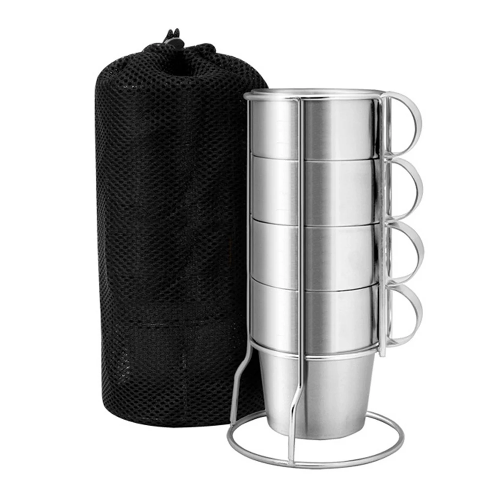 

4pcs Stainless Steel Cups Wine Beer Coffee Cup Whiskey Mugs Double-Layer with Stand and Mesh Bag Outdoor Travel Cup Set