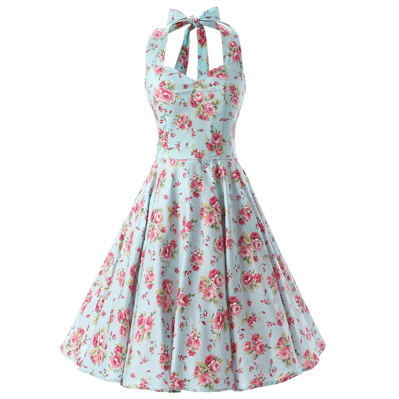 Three Seasons Summer Floral Halter Knee length Sleeveless Cotton All Seasons Mid Rise Women