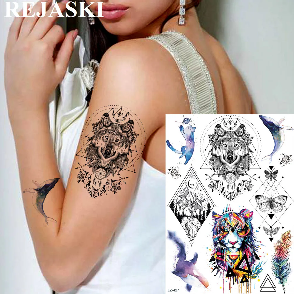 Rejaski Geometric Wolf Tribal Temporary Tattoos For Women Sticker Triangle Tiger Butterfly Mountain Art Wrist Custom Tattoo Temporary Tattoos Aliexpress