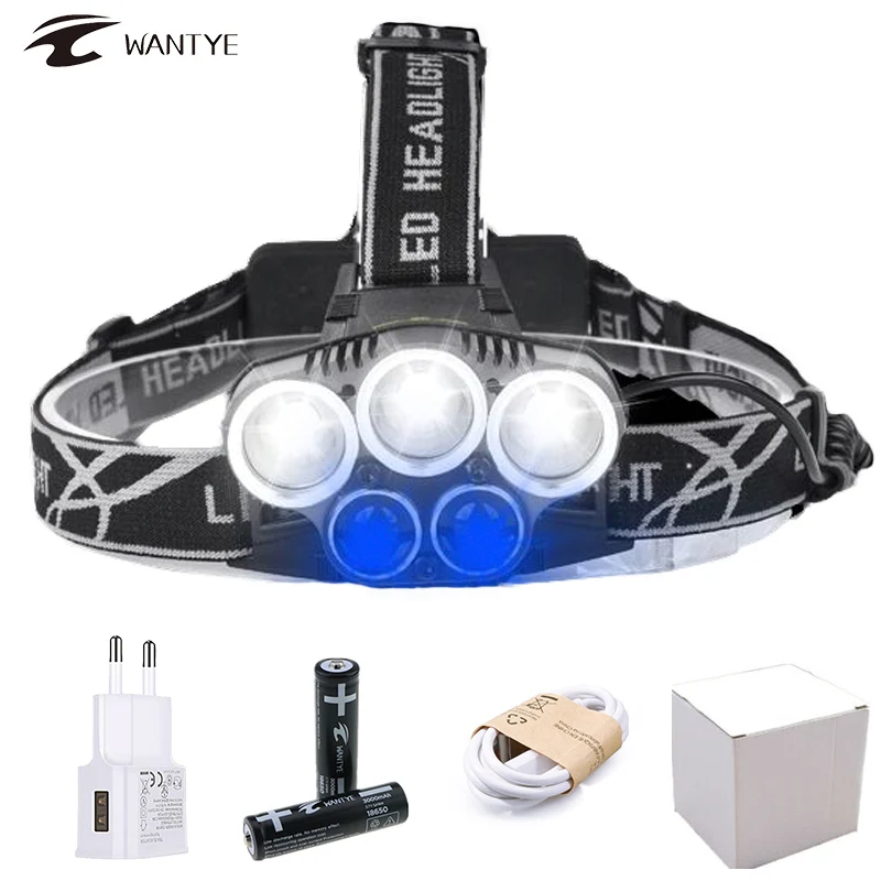

20000Lm LED Headlamp USB XML 3T6+2Q5 White Blue light 5 Modes Rechargeable Head lamp Headlight 18650 Head flashlight