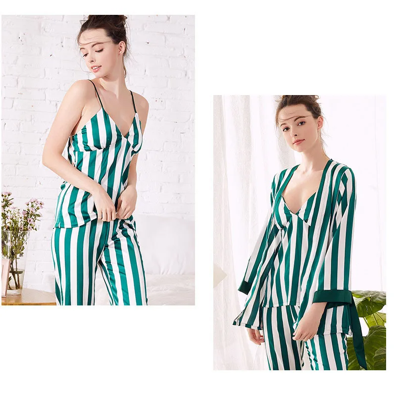 

Green 3pcs Suit Robe Striped Sexy Home Pajamas Women Loose Plus Size Robe Nightdress New Style Summer Sleepwear Femme Robe