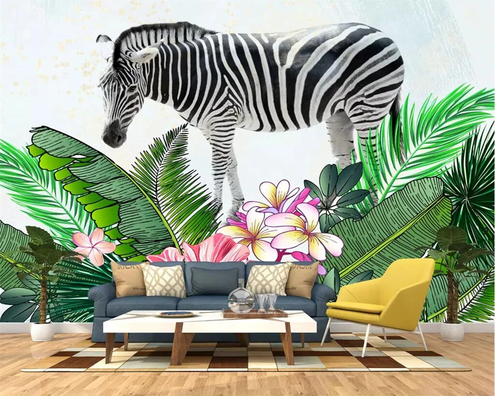 Beibehang Custom wallpaper modern hand-painted zebra tropical plant Nordic TV background wall decorative painting 3d wallpaper plants for the people a modern guide to plant medicine