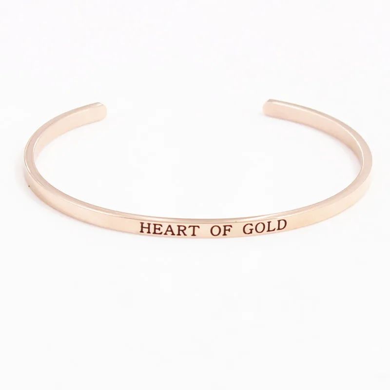 

Newest Stainless Steel Bangle Engraved Positive Inspirational Heart Of Gold Quote Cuff Bracelet Mantra Bracelet For Women Female