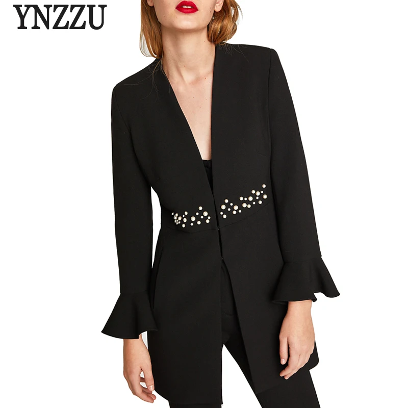 

2018 Autumn Elegant Women Blazers Pearls Flare Sleeve Slim Female Jacket Coat Office lady blazer feminino High quality AO546
