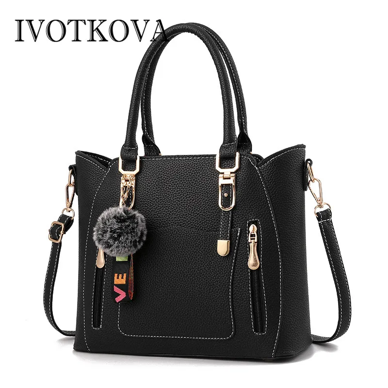 

IVOTKOVA 2018 Winter Women Tote Handbags New Design Fur Ball Pendant Women's Shoulder Bags Pu Leather Casual Female Pueses