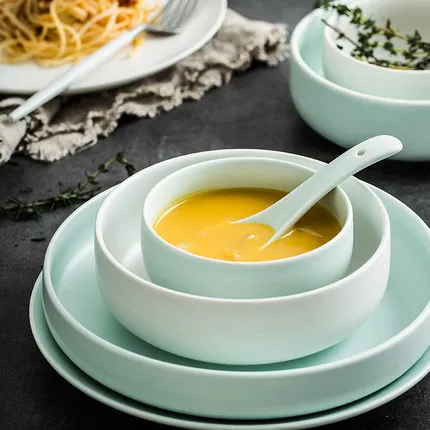 

Nordic Mint Green Ceramic Plate Creative Plate Household Simple Dishware Cutlery Rice Bowl Soup Spoon Set Macaron