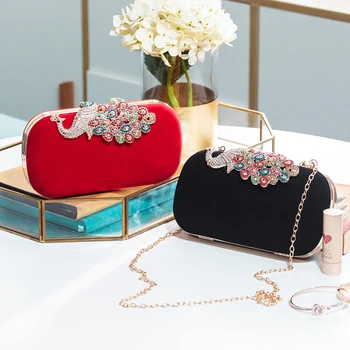 

Unique Red Velvet Evening Bags Small Multi Crystal Purse Chain Shoulder Bolsos Mujer Black Velour Animal Print Diamond Clutch