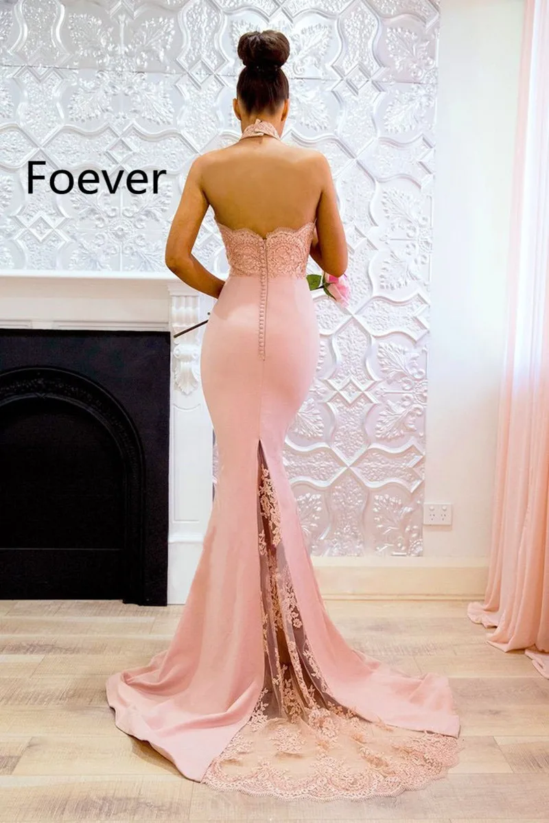Robe De Soiree Pink Mermaid Evening Dresses Long 2019 Halter Hollow Sexy Backless Customizable Women Evening Gowns