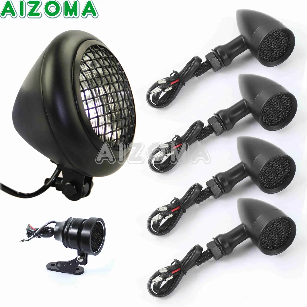 

Cafe Racer Motorcycle Retro Mesh Grill Headlight Sets With 4pcs Black Turn Signal Lights LED Taillight Universal For Harley