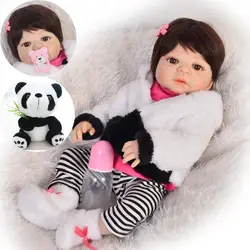 23 "полный Силиконовый Reborn Baby Doll игрушки мультфильм одежда в виде панды набор принцесса девочка кукла подарок bebe boneca reborn силикон completa