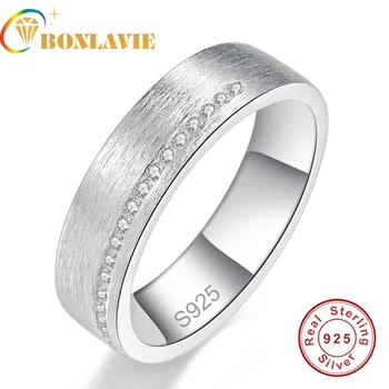 

BONLAVIE Frosted surface Men's ring Inlaid small Simulated Diamond Fine Jewelry 925 Sterling Silver bridegroom ring wedding band