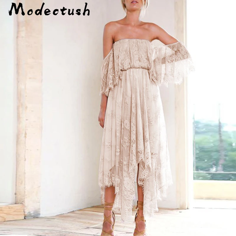 

Modecrush Vintage Irregular Off Shoulder Lace Light Pink Maxi Dress Party Night Vestidos Elegant Backless Sexy Feminine Ruffles