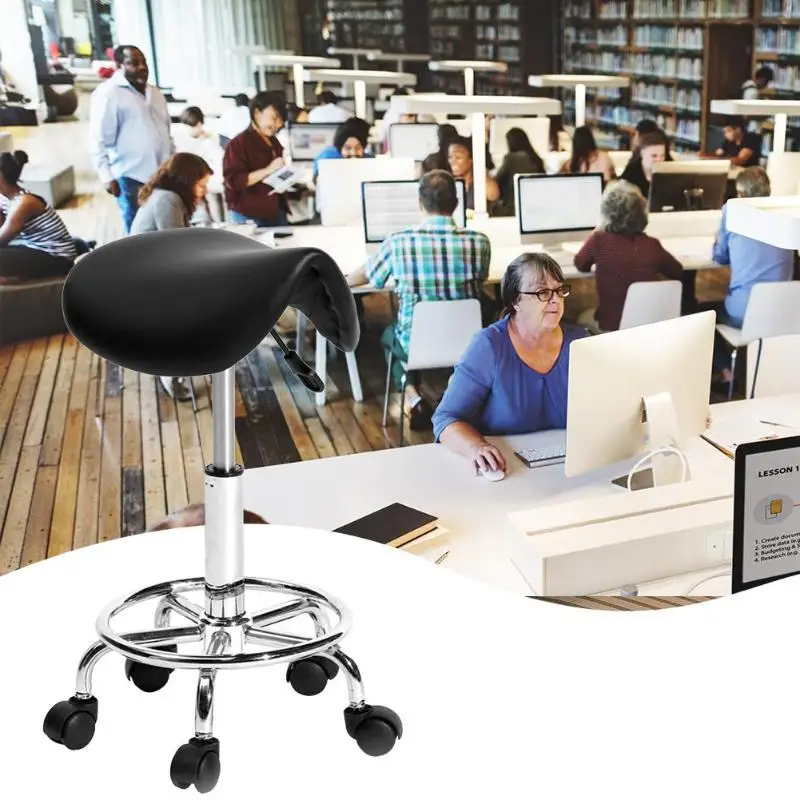  Adjustable Work Rotating Saddle Chair 5 Rolls Leather Lift Bar Swivel Stool E5M1