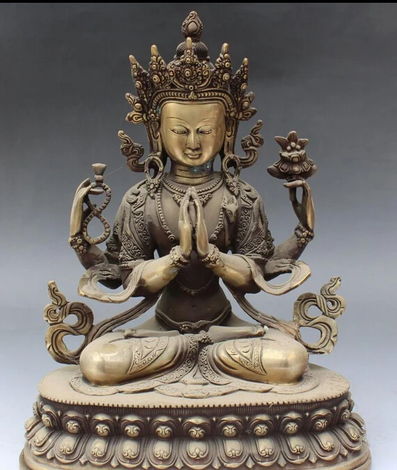 

11" Tibet Buddhism Bronze seat 4 arms Chenrezig Buddha Avalokiteshvara Statue R0707