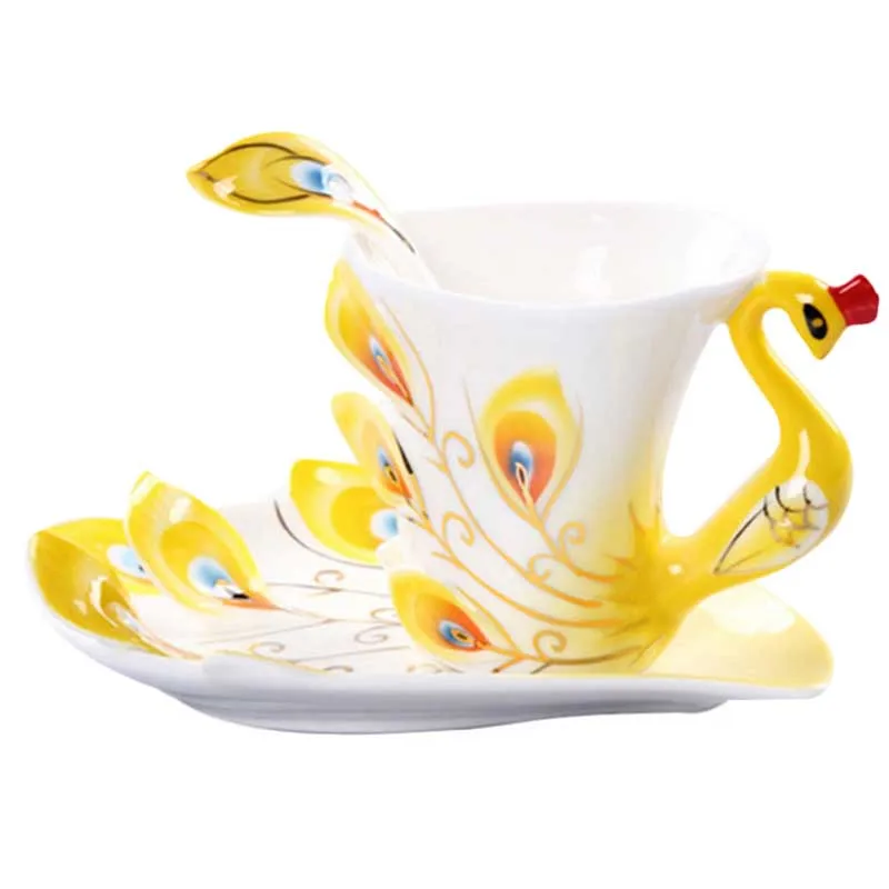 

New Creative 3D Hand Crafted Porcelain Enamel Peacock Coffee Cup Set with Saucer And Spoon Present Ceramic Tea Water Cup