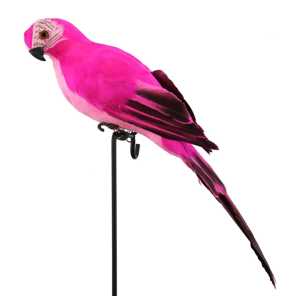 25cm Handmade Simulation Parrot Innovative Feather Lawn Figurine Ornament Desktop Animal Bird Garden Bird Prop Home Decoration - Цвет: Rose red