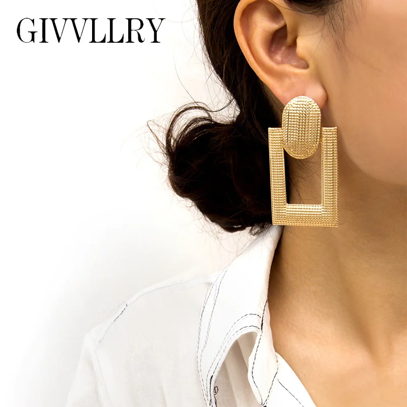 

GIVVLLRY Vintage Geometric Statement Earrings for Women Baroque Gold Silver Emboss Hollow Square Drop Earrings Fashion Jewelry