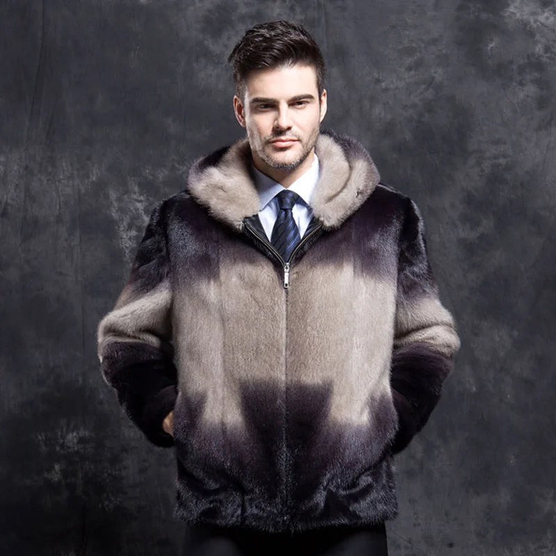 Fang Tai Fur 2019 Мужская импортная бархатная норковая шуба контрастного цвета с мехом Капор из норки пальто Мужская Короткая Повседневная