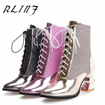 

RLINF Golden Gun Color Purple Red Lace Wedding Shoes Stage Women's Boots