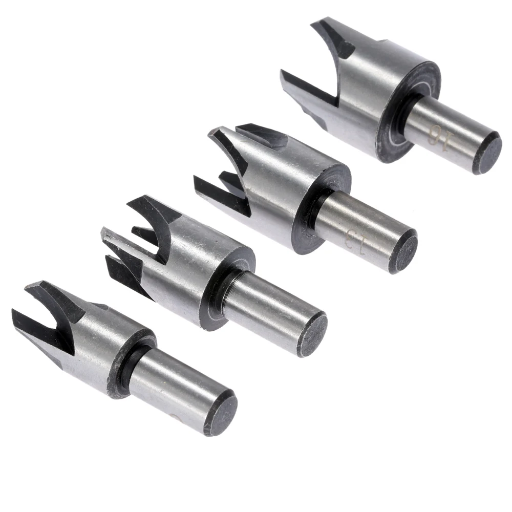 

4pcWood Plug Cutter Cutting Tool Set Tapered Taper Drill Bit Dowel Maker Tool Shank Drill Bit Four-Tooth Tenon Plug Hole Cutter