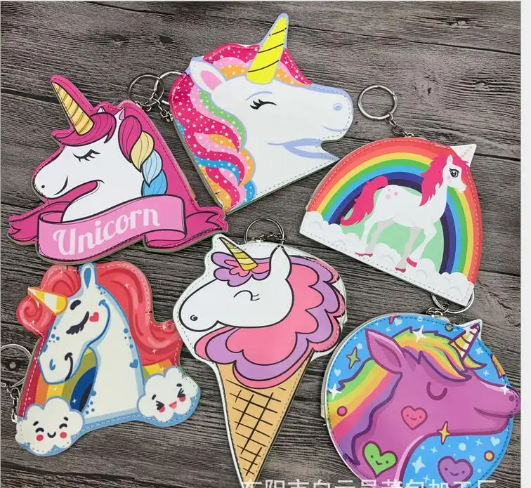 

New 3D Unicorn Girls Leather Bag Keyring Cartoon Childern Mini Wallet Clutch PU Coin Purse Lovely print Change Purse 100pcs/lot