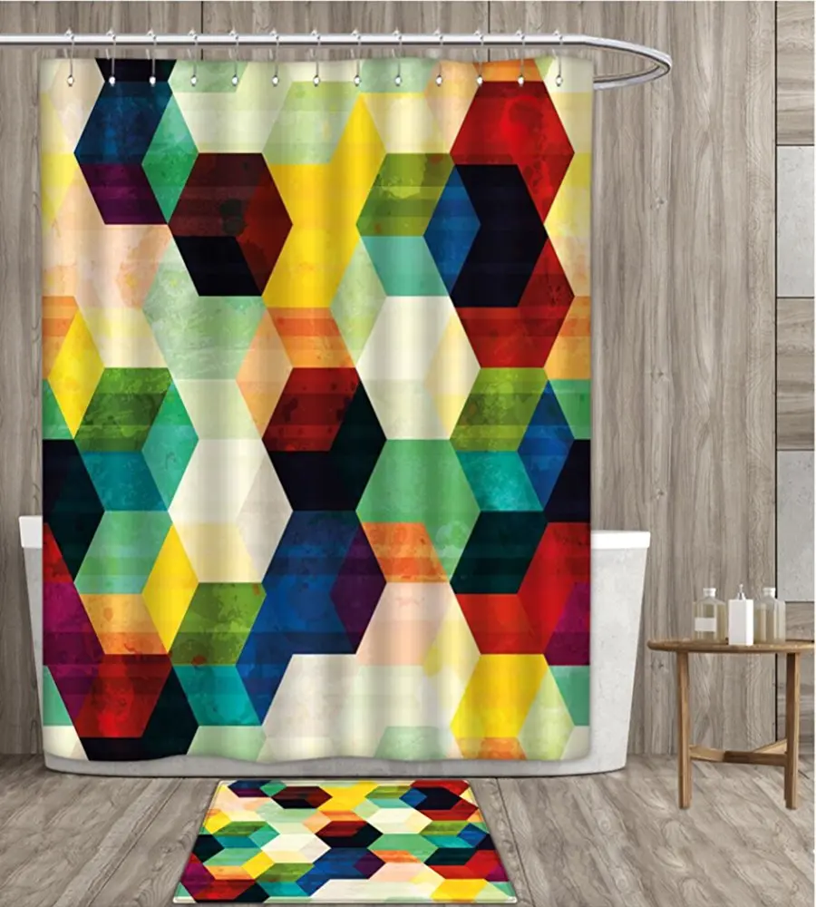 Shower Curtain Waterproof Rhombus Pattern Grunge Effect Hexagonal Pattern Colorful Geometric