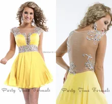Sheer Zurück Kristall Pailletten Chiffon Party Kleider Durchsichtig 2016 Short Yellow Flügelärmeln Homecoming Kleider cocktailkleid TK108