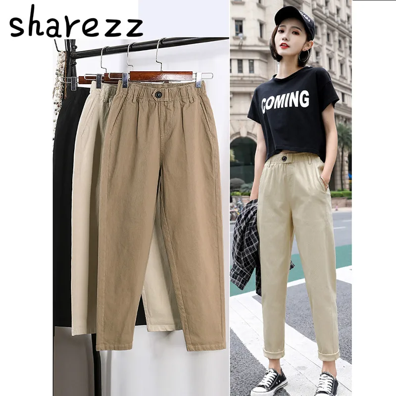 

2019 Spring Autumn High Waist Khaki Casual Pants Women Loose Korean Pantalon Female Trousers Plus Size Nine Pants 3XL