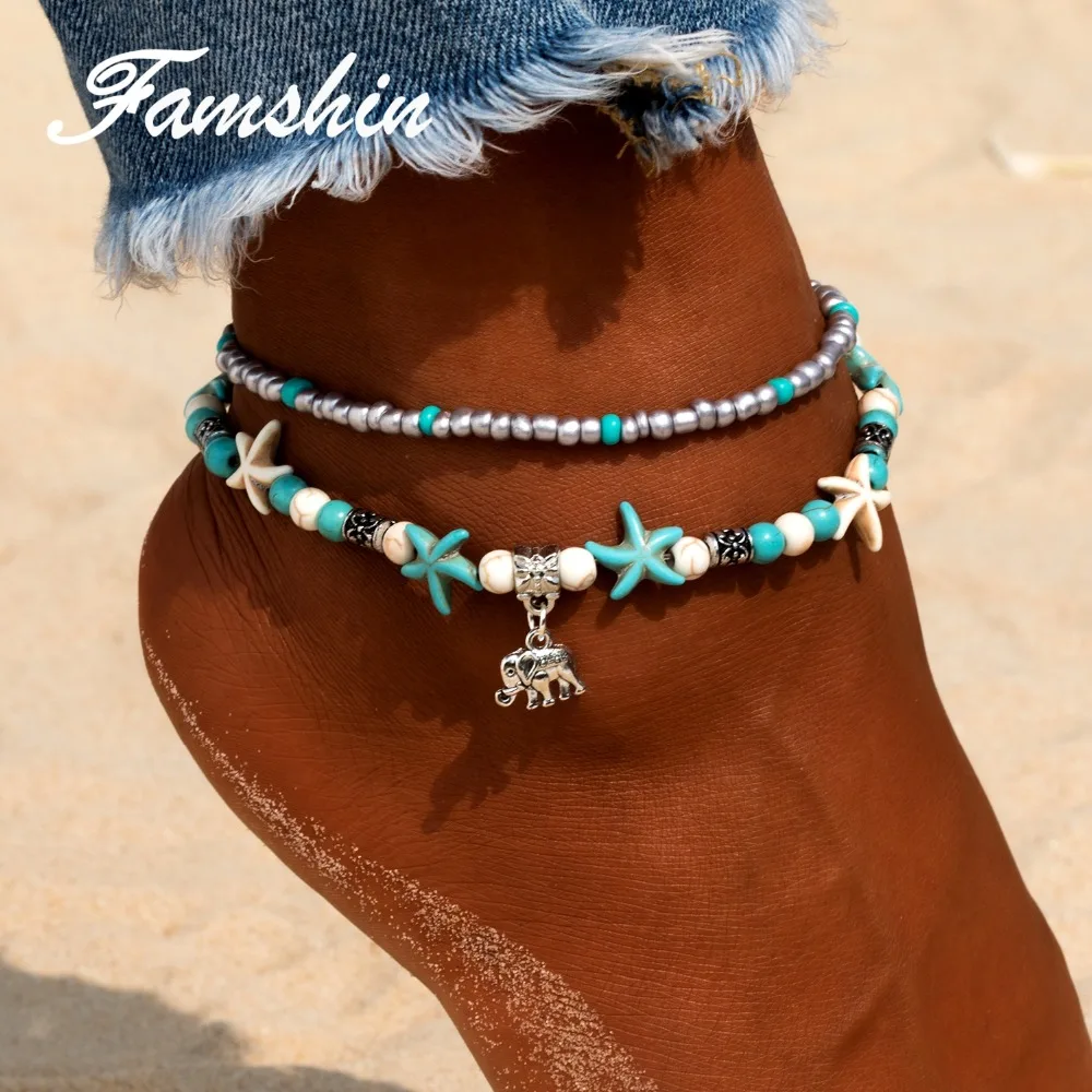 

FAMSHIN Summer Vintage Elephant Anklets Bracelet For Women Boho Pendent Multi Layer Beach Anklet Bohemian Foot Jewelry Gift