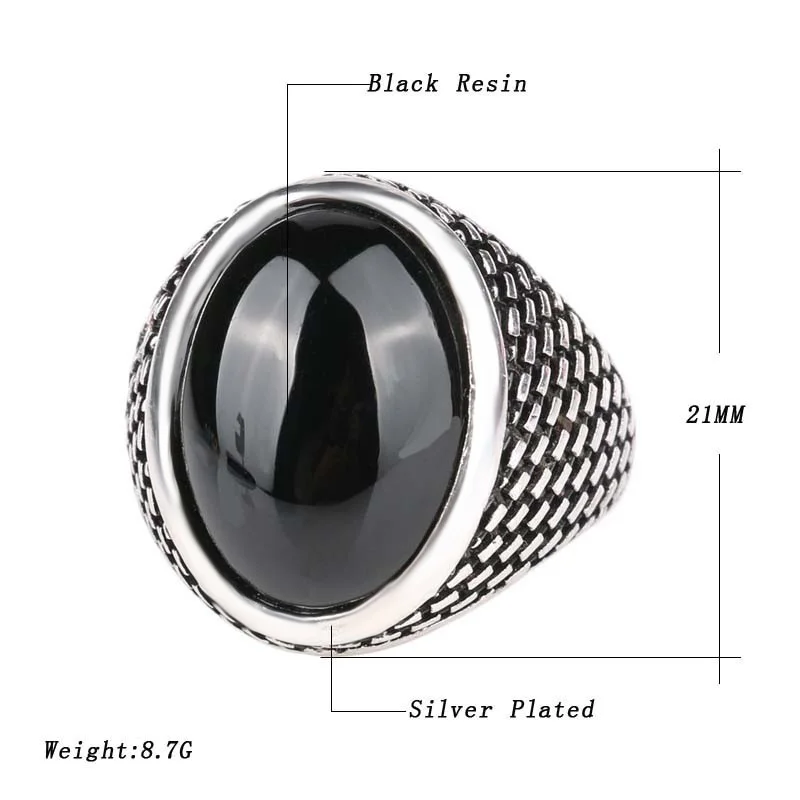 Kinel Luxury Vintage Men's Rings Punk Black Ring Silver Color Oval AAA Resin Turkey Jewelry 2017 New