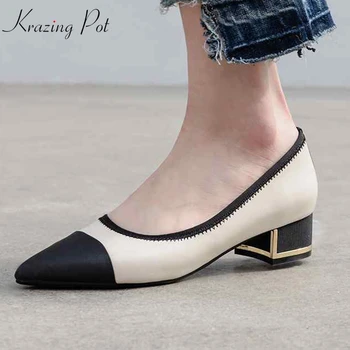 

Krazing Pot genuine leather satin med heels streetwear pointed toe summer big size 43 42 41 elegant girl mixed color pumps L31