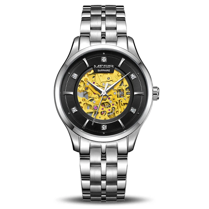 MEGIR новые автоматические механические часы лучший бренд класса люкс сапфировое стекло Скелет Мужские часы кожа золотой дизайн наручные часы - Цвет: Серебристый