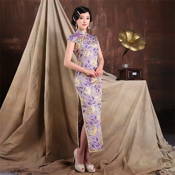 Высокая мода Небесно-голубой китайский леди парча Длинные Cheongsam Qipao Socialite Robe De Soiree размер S M L XL XXL QS14 - Цвет: light purple